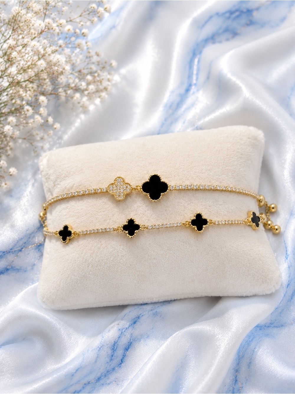 Gold Plated Bracelet with Black Clover Accents - Women's Jewelry